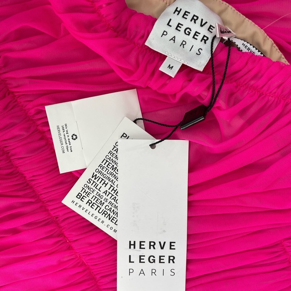 💞NWT HERVE LEGER one-shoulder draped jersey mini dress in neon Pink, size M - Picture 14 of 17